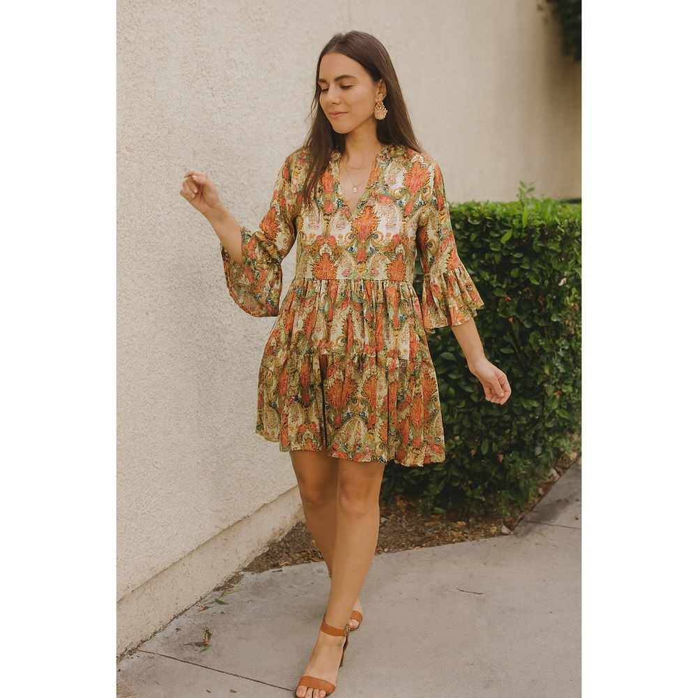 Paani Luy Paisley Boho Ruffle Sleeve Dress – Size S, Multicolor